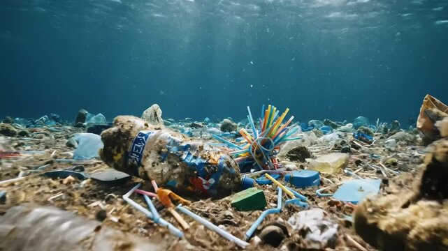 Underwater ocean pollution with plastic waste