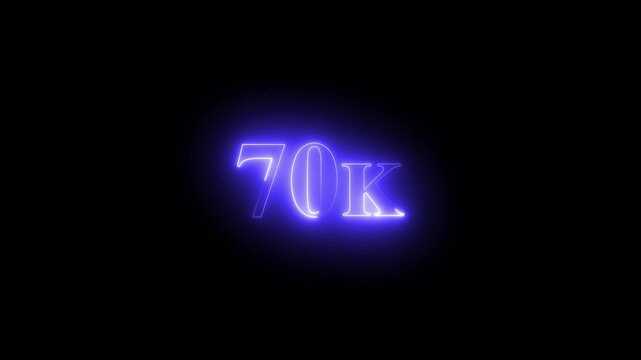 Glowing neon 70k number text icon animation followers or subscribers and like comment letter celebration on 4k video And  black background