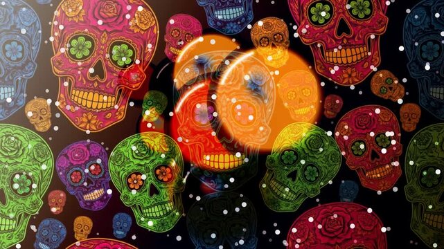 Vibrant sugar skulls and citrus fruits arranged in a festive pattern on a dark background, creating a lively atmosphere.