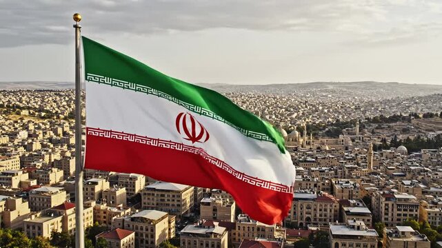 Iranian flag waving over cityscape