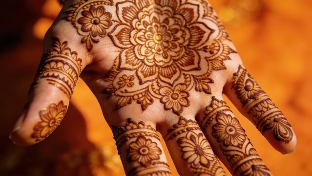 Intricate henna mehndi design on female hand showcasing traditional cultural body art for weddings,festivals,celebrations and ethnic beauty inspiration with detailed ornamental patterns