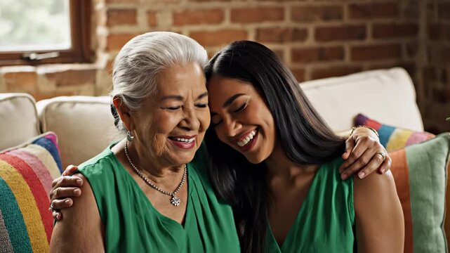 Two women in green tops sitting on a couch