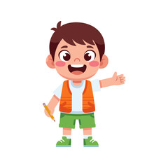 Obraz premium Happy cartoon boy waving in green shorts and orange vest smiling cheerful kid character isolated on white background
