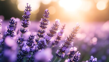 Beautiful lavender flowers illuminated by golden sunset light