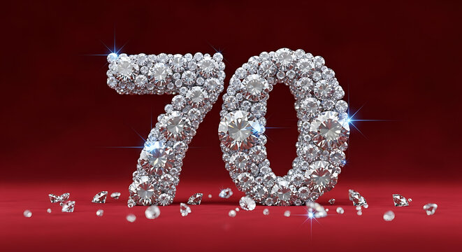 Sparkling Diamonds Forming Number 70 on Red Velvet Background for 70th Anniversary or Birthday