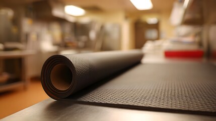 Textured dark grey mat unrolled on a stainless steel surface in a blurred laboratory or kitchen environment