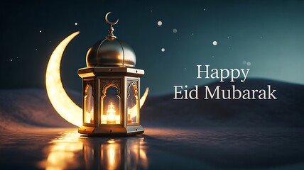 Happy eid mubarak night scene with crescent moon glowing lantern and mosque background
