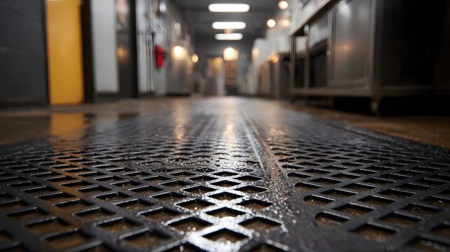 Low angle view of a wet industrial kitchen corridor with a diamond patterned metal floor grate in the foreground