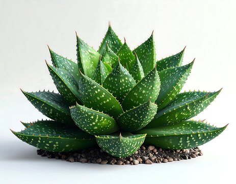 Aloe vera plant in pot, close-up, isolated on white.