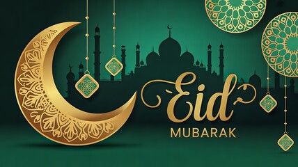 Elegant eid mubarak greeting card with golden crescent moon mosque silhouette and hanging ornaments
