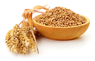 Wooden bowl with wheat grains and ears isolated on white background