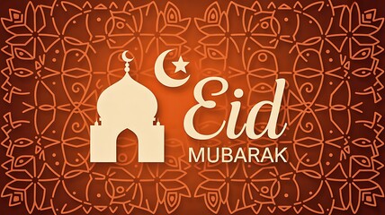 Islamic eid mubarak greeting background with mosque silhouette crescent moon and floral arabesque pattern
