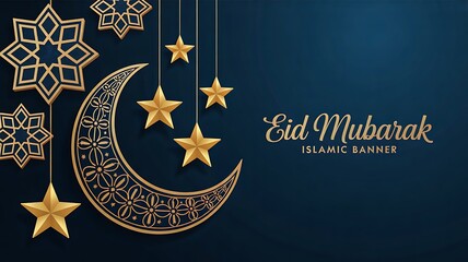 Golden islamic crescent moon and stars eid mubarak banner on blue background
