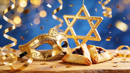 The concept of celebrating Purim (Jewish carnival holiday). Traditional hamantaschen cookies, a golden hexagrams, and a golden mask on a wooden table