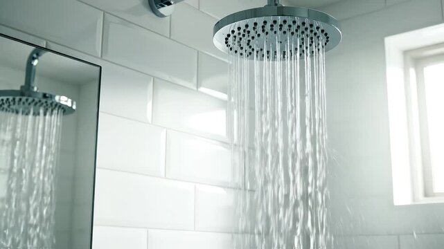 Shower head with running water in bathroom