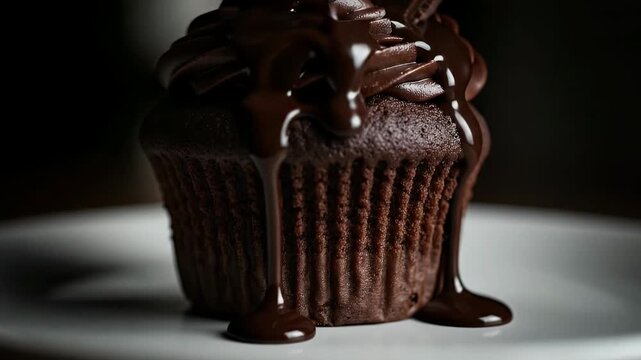 This video captures a mouth-watering chocolate cupcake, exquisitely prepared and drenched in rich, glossy chocolate ganache. The decadent chocolate sauce drips enticingly down the ribbed sides of the 