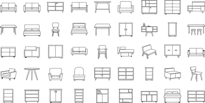 A collection of furniture line icons isolated on transparent background