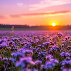 Fototapeta premium Field of purple wildflowers basks in the glow of the setting sun