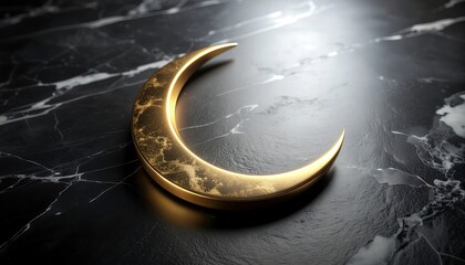 Golden crescent moon on dark marble background