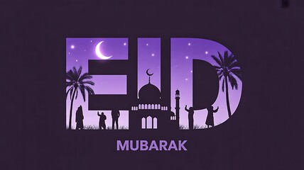 Creative eid mubarak typography design with mosque and palm trees silhouette
