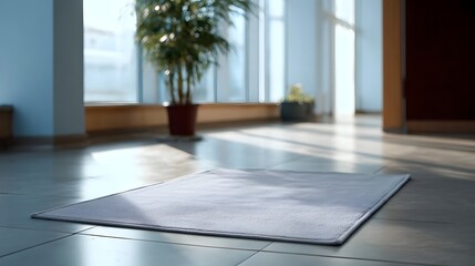 Fototapeta premium A soft grey mat rests on a polished tiled floor bathed in bright sunlight streaming through large in a modern interior