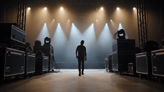 A silhouette walks towards bright stage lights, flanked by equipment cases