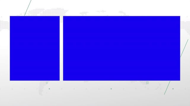 Two box split screen for news, interviews, live broadcast, tv shows, live streaming. Blue chroma key cut, 4K loopable world map background with green elements, simplicity and minimalism design.