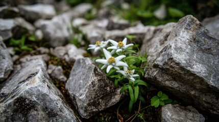 Delicate White Edelweiss Blooms Flourishing Amongst Rugged Grey Granite Rocks in a Mountainous Alpine Setting