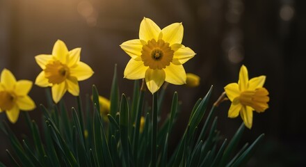Obraz premium Golden yellow daffodils bursting open under warm sunlight, symbolizing rebirth and the vibrant energy of the early spring season ,landscape ,stem ,natural