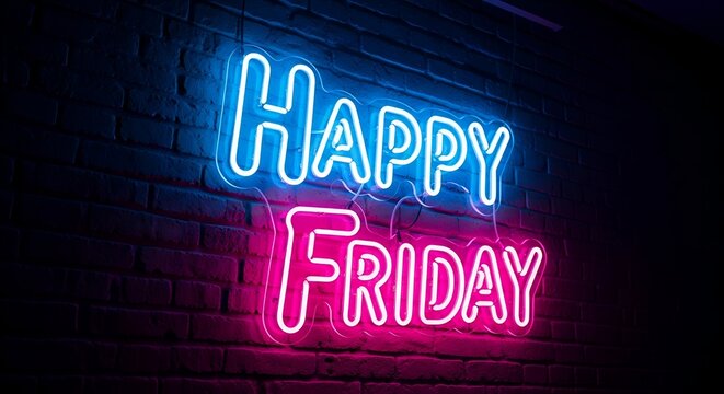 Vibrant neon sign on brick wall reading Happy Friday in blue and pink