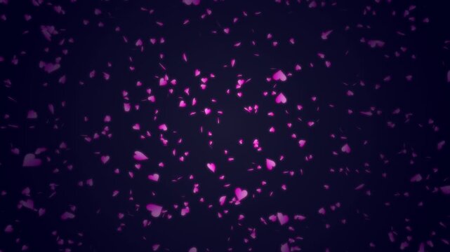 Pink heart shapes being lit up and falling down on dark blue background. Abstract background for Happy Valentine's day and wedding ceremony.