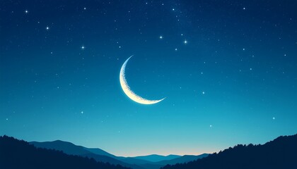 Crescent Moon Shining Brightly Over Silhouetted Hills