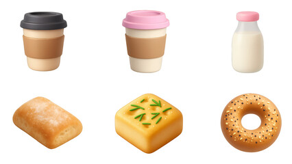 3D Bakery and Fruit Icon Set &ndash; Bread Donut Croissant Cheese Coffee Milk Pastel Food Collection