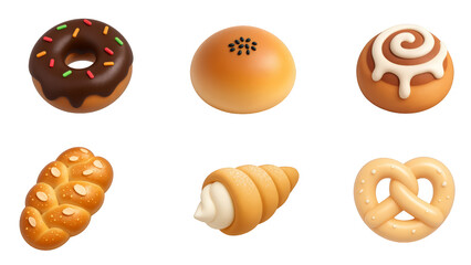 3D Bakery and Pastry Icon Set, Cute Donut Bread Croissant Dessert Collection