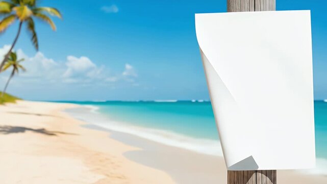 A pristine blank white sheet of paper, gently curling in the soft breeze, is affixed to a rustic wooden post against a stunning, out-of-focus tropical beach backdrop. The vibrant scene features crysta