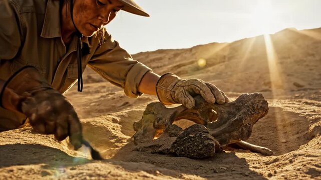 Paleontologist unearthing fossil remains in desert landscape at sunset.