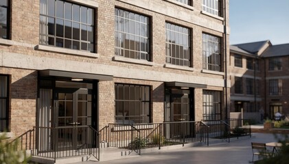 Obraz premium Bright afternoon medium shot showcasing the factoryturnedguest suites large windows and doorway details with softened background and sunlit facades.