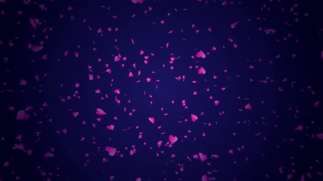 Pink heart shapes being lit up and falling down on dark blue gradient background. Abstract background for Happy Valentine's day and wedding ceremony.
