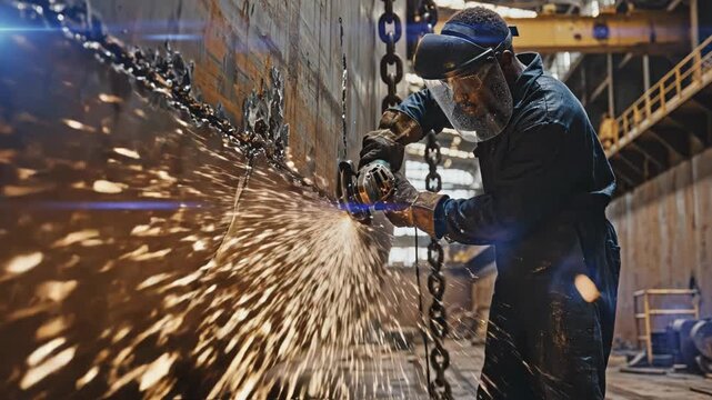 Man grinding metal with sparks flying in an industrial setting