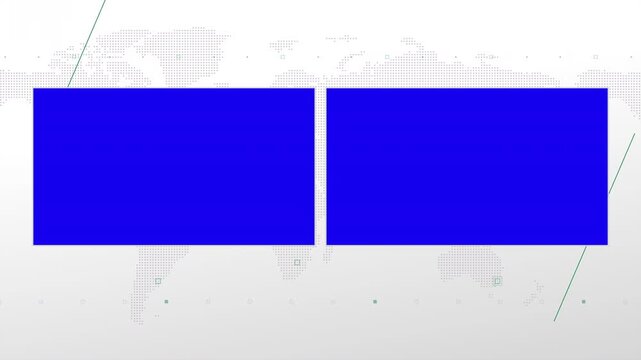 Two box split screen for news, interviews, live broadcast, tv shows, live streaming. Blue chroma key cut, 4K loopable world map background with green elements, simplicity and minimalism design.