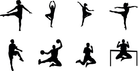 Collection of silhouettes depicting various sports poses and movements