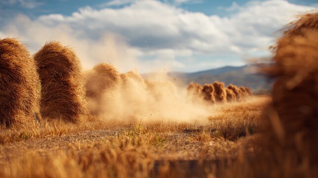 A row of haystacks on a sunny field, dust billowing. Sky is blue with puffy clouds, hills in the distance