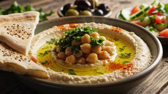 Delicious chickpea hummus dip with olive oil and pita bread on rustic table