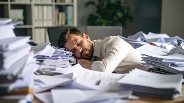 Overwhelmed businessman sleeping on messy desk piled with documents and papers, exhaustion