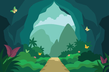 Cave Entrance Opening To Tropical Valley