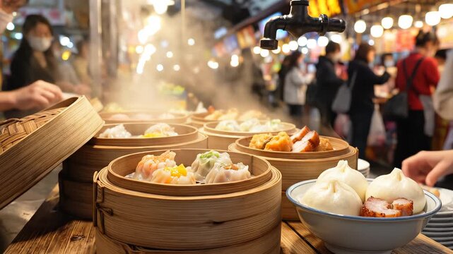 Steaming dim sum at night market