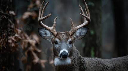 Obraz premium A majestic white-tailed deer with impressive antlers gazes intently into the camera, showcasing its powerful presence against a blurred woodland backdrop.