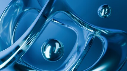 Fluid liquid blue glass shapes and spheres abstract background. 3d illustration contemporary art