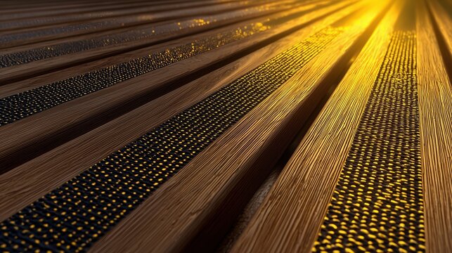 Abstract Background of Wooden Slats with Golden Light and Textured Inlays