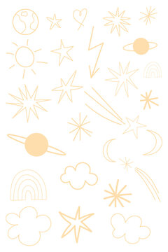 Cream,  off white celestial doodle icon set. Hand-drawn stars, moon, sun, planets, rainbow, cloud, heart, lightning bolt for scrapbooking, journaling, social media, creative design. High-res PNG